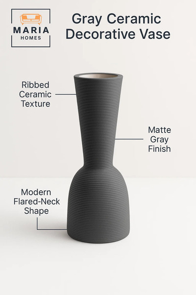 MARIA HOMES Modern Grey Decorative Vase – Sculpted Ceramic Table Vase with Textured Finish