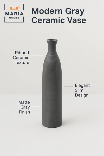 MARIA HOMES Modern Tall Grey Decorative Vase – Slim Ceramic Flower Vase for Home and Office Decor
