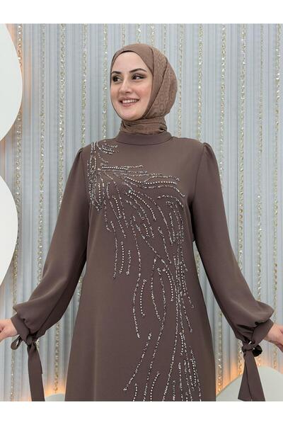 Asortix Γυναικείο Φόρεμα Χιτζάμπ | 1. Ύφασμα κρεπ κατηγορίας - Με πέτρινη λεπτομέρεια στο μπροστινό μέρος | Κομψό βραδινό φόρεμα με φερμουάρ στην πλάτη