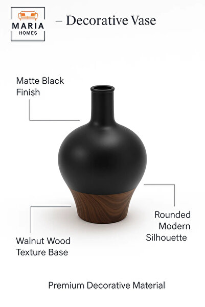 MARIA HOMES Modern Decorative Vase – Matte Black Flower Vase – Wood-Effect Home Decor Accessory