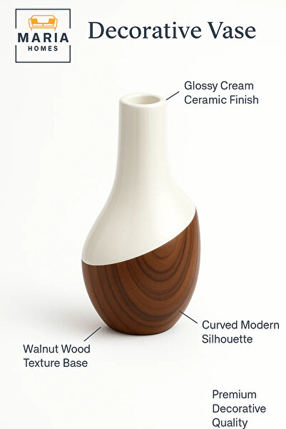 MARIA HOMES Modern Decorative Vase – Ceramic Flower Vase – Wood-Effect Home Decor Accessory