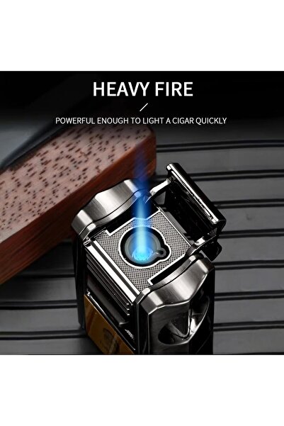 Lubinski Metal Cigar Lighter, 3-Jet Flame Torch, 4-in-1 with V-Shaped Cutter & Punch, Yellow (Milita