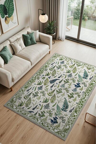 Love Ladder Patterned Cream and Green Carpet, Bordered Country House Carpet