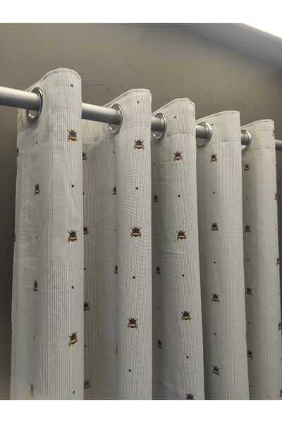 Evcimenhome Thermal Lined Linen Rustic Curtain with Eyelet Metal Rings 170Cmx225Cm Bee