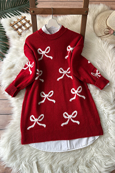 MODAQU Bow Pattern Soft Sweater Tunic - Red