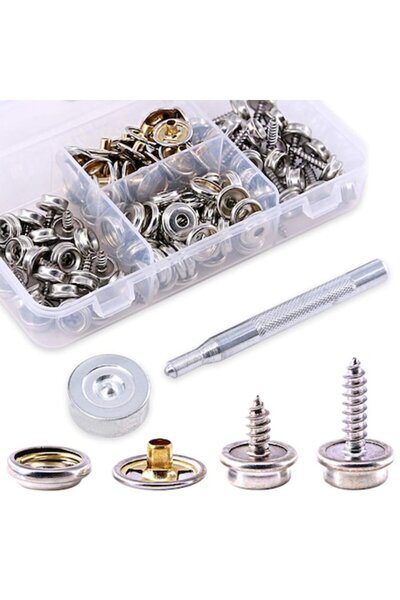 Glarks Set de închidere cu capse din oțel inoxidabil, 120 buc., nasturi cu șurub de 15 mm cu unealtă de fixare și cutie de depozitare