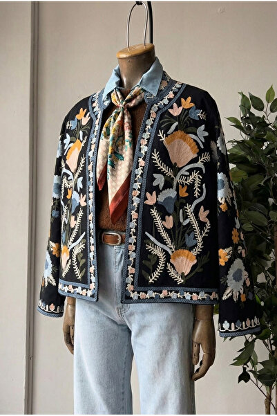 FEMELLE Women's Black Bohemian Cross-Stitch Embroidered Jacket