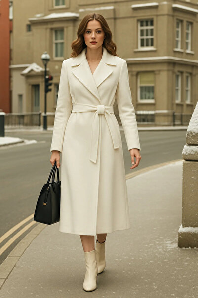 comstar Women's Double-Breasted Premium White Cashmere Coat