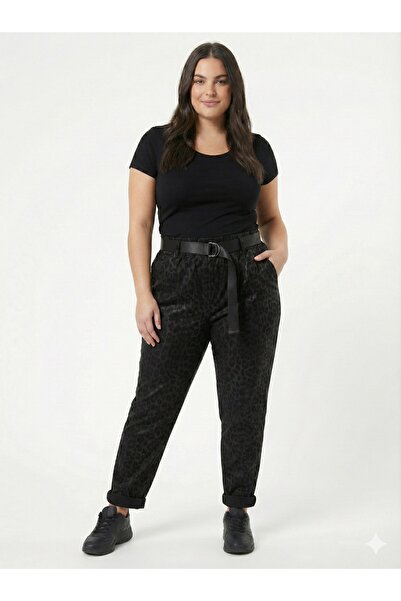 della moor Women's Italian Wide Fit Belted Leopard Print Matte Faux Leather Trousers