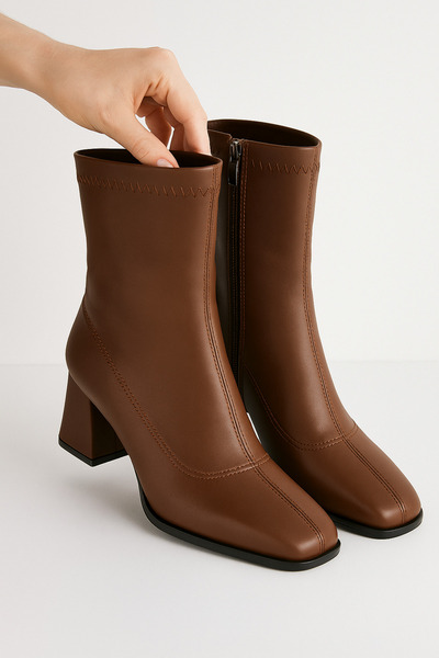 Adım Şıklığı Kadın Acı Kahve Streç Bilekli Orta Boy Topuklu Bot