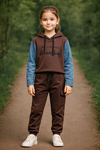 YUKO KİDS YUKO 422-11-25 Σετ φούτερ με κουκούλα και τζιν μανίκια για κορίτσια...