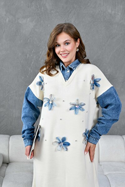 Miss Allos Γυναικεία μανίκια τζιν με λεπτομέρεια μπροστινό τούλι λουλούδι και πέτρα κεντημένο με φαρδιά εφαρμογή μακρύ πλεκτό φόρεμα