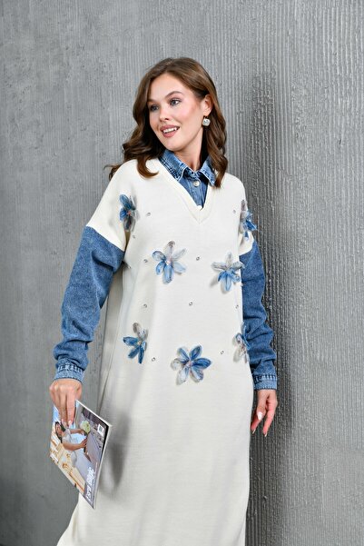 Miss Allos Γυναικεία μανίκια τζιν με λεπτομέρεια μπροστινό τούλι λουλούδι και πέτρα κεντημένο με φαρδιά εφαρμογή μακρύ πλεκτό φόρεμα