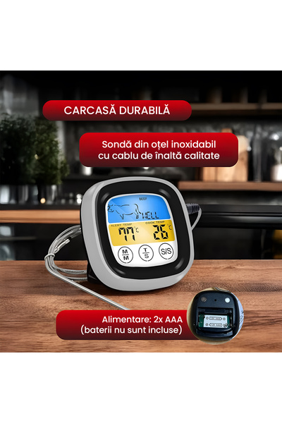 OEM Termometru Digital Bucatarie Carne, Touch, 8 Tipuri, 5 Moduri, Sonda Inox 1m Magnetica, BBQ/Cuptor