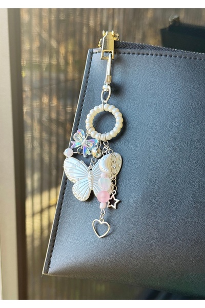 WhimsyWhite Pastel Beaded Butterfly Bag Charm, Handmade Designer Bag Purse Ornament