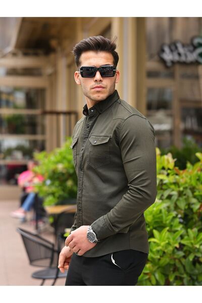 comstar Men's Slim Fit Basic Long Sleeve Khaki Denim Shirt with Pockets