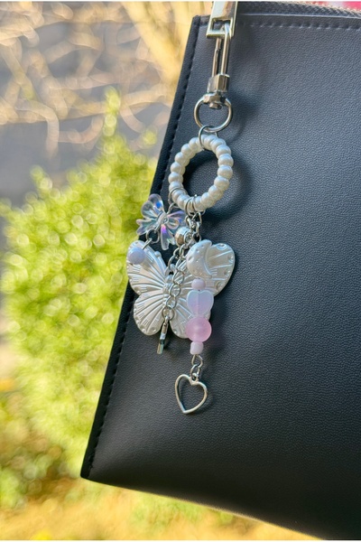 WhimsyWhite Pastel Beaded Butterfly Bag Charm, Handmade Designer Bag Purse Ornament