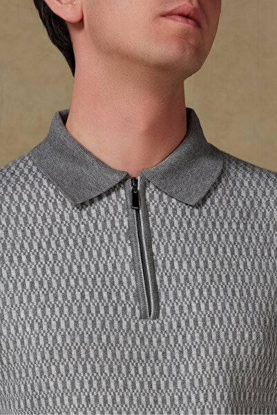 Abbate Claro Knitted Fabric Cotton Blend Modern Fit Gray Polo Neck Men's Patterned Knitwear
