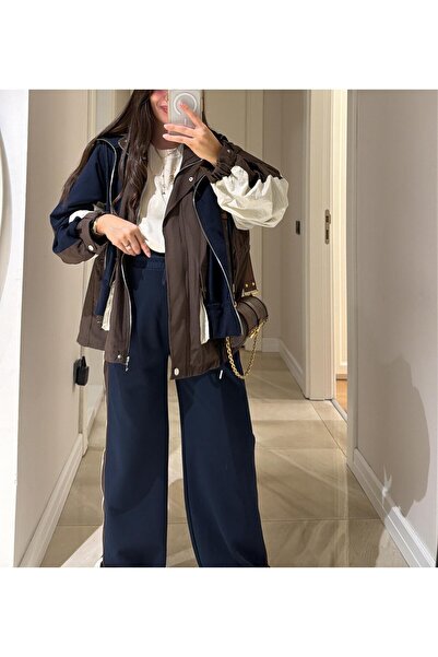 Lavanta Tekstil Navy Blue Brown Hooded Design Double Suit