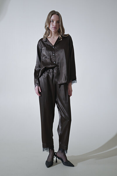 Mita Concept Aci Brown Satin Lace Shirted Pajama Set