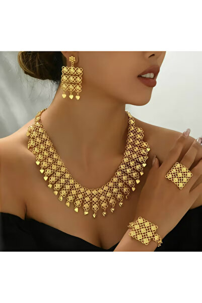 set.up 22 AYAR ALTIN KAPLAMA GERDANLIK YÜZÜK BİLEKLİK VE KÜPE DÖRTLÜ DÜĞÜN TA...