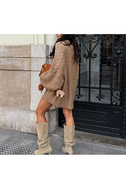 Lavanta Tekstil Hair Braid Pattern Glitter Detailed Oversized Sweater