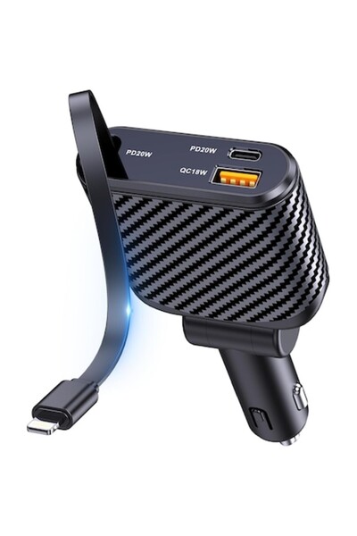 OHLPRO 3-in-1 58W Fast Car Charger with 90cm Retractable Lightning Cable, USB-C & USB-A