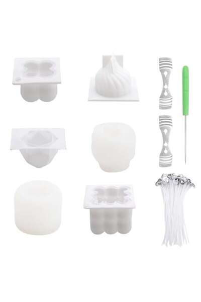 DAWRIS 6-piece 3D Silicone Candle Mold Set with 100 Wicks, 2 Wick Holders, Drilling Needle