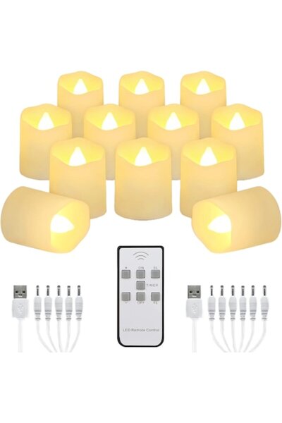 Bowka Set of 12 Rechargeable LED Candles with Remote, Timer, 5-Level Dimmable Flame Effect, 47 x 39 mm