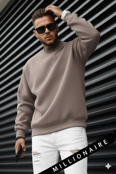 Millionaire Ανδρικό φούτερ ανοιχτό καφέ καπουτσίνο Basic 0 με λαιμόκοψη χωρίς στάμπα, απλό oversized φαρδύ φούτερ με χαλαρή εφαρμογή