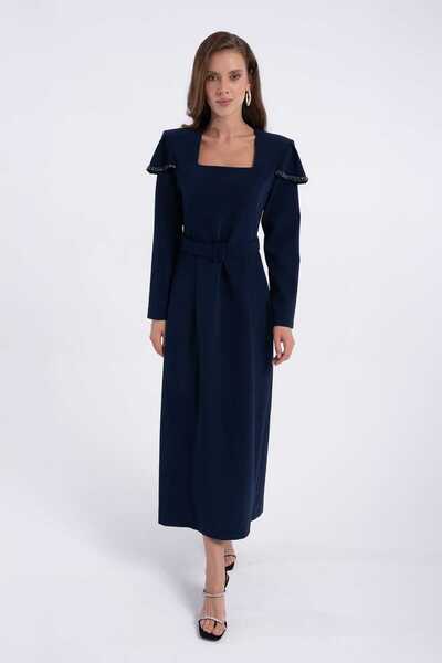 Mimya Kare Yakalı Kemerli Elbise 2227