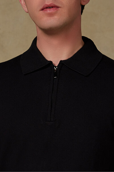 Abbate Claro Knitted Fabric Cotton Blend Modern Fit Black Polo Neck Men's Plain Knitwear