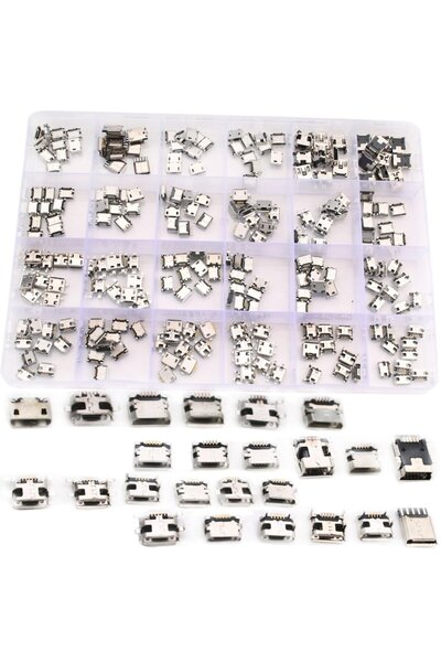 LET 240-piece Micro USB-B Female PCB Connectors Set, 24 Models, Stainless Steel, with Storage Case