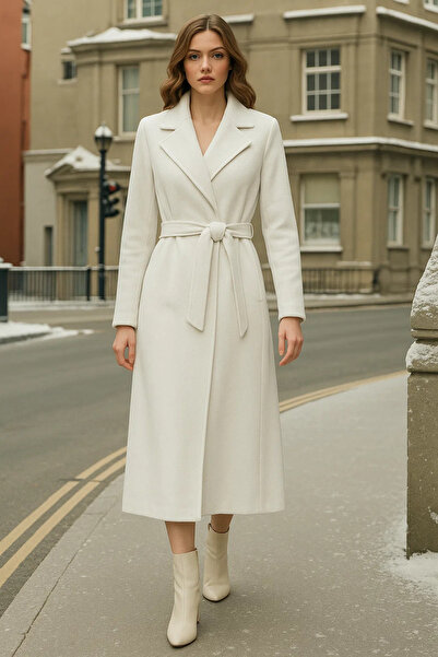 comstar Women's Double-Breasted Premium White Cashmere Coat