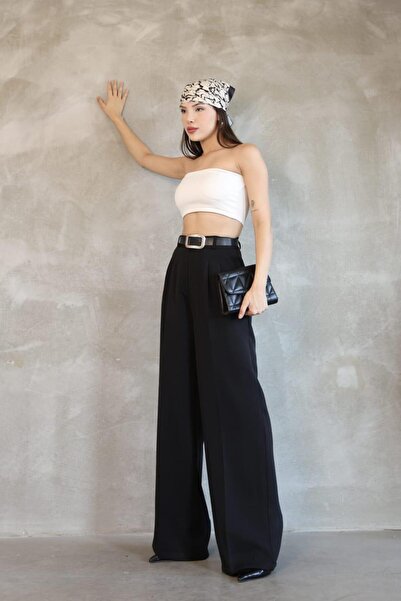HA-KA GİYİM Women's Palazzo Pleated Pants Imported Doubleface Fabric High Quality Product High Waist with Belt