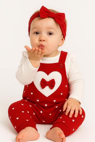 Chicsy Baby Baby Girl Heart Bow Detailed Strap Jumpsuit Set