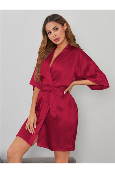 FridayIn Classical V-neck Solid color Belt Flared sleeve Sleep Dresses