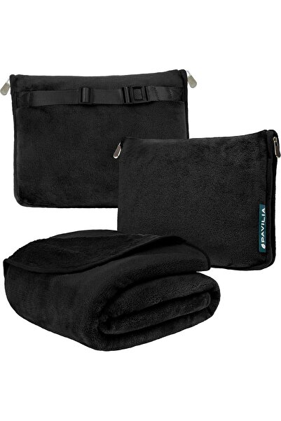PAVILIA Travel Blanket & Pillow, 2-in-1 Microfleece, 60 x 43 (Black)