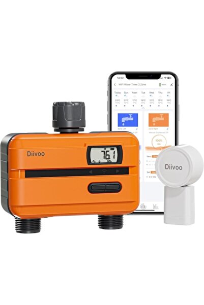 Diivoo Temporizator inteligent pentru irigații, 2 prize, contor de apă încorporat, LCD, automat/manual, controlat prin aplicație, 2 porturi