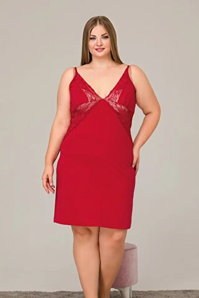 aynora Women's Lace Detailed Red Plus Size Nightgown