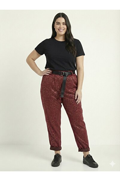 della moor Women's Burgundy Italian Wide Fit Belted Leopard Print Matte Faux Leather Pants