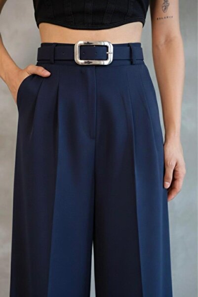 HA-KA GİYİM Women's Palazzo Pleated Pants Imported Doubleface Fabric High Quality Product High Waist with Belt