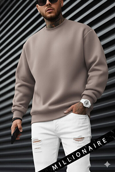 Millionaire Ανδρικό φούτερ ανοιχτό καφέ καπουτσίνο Basic 0 με λαιμόκοψη χωρίς στάμπα, απλό oversized φαρδύ φούτερ με χαλαρή εφαρμογή