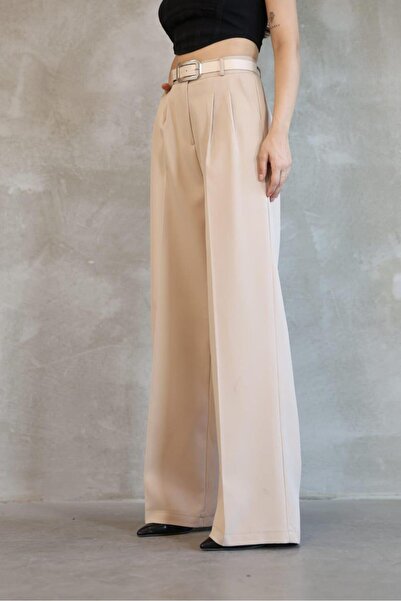 HA-KA GİYİM Women's Palazzo Pleated Pants Imported Doubleface Fabric High Quality Product High Waist with Belt