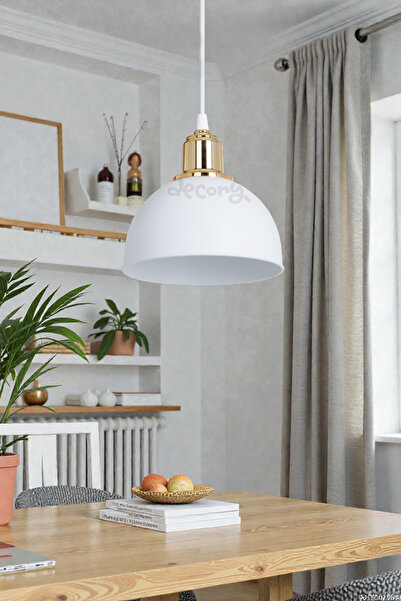 decory Minimalist Gold Başlık Beyaz Tekli Sarkıt Avize, Çocuk Odası,Mutfak,Hol,Antre Tekli Avize E27