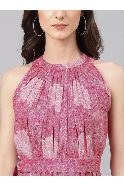 IndHeritage Premium pure georgette pink colour sleeveless dress with floral prints - Indo Western wear / dress