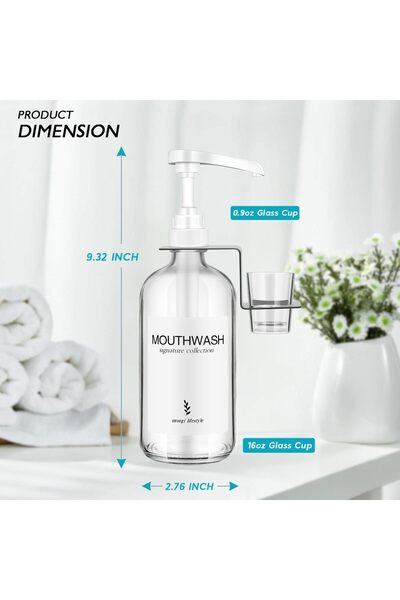 onsogi موزع غسول الفم الزجاجي مع أكواب ومضخات، 16 أونصة - عبوة من قطعتين