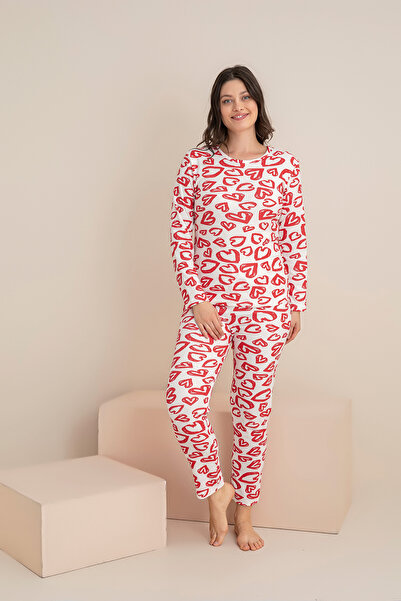 rindahomewear Cotton Thick Winter Interlock Striped Red Heart Patterned Knitted Pajama Set