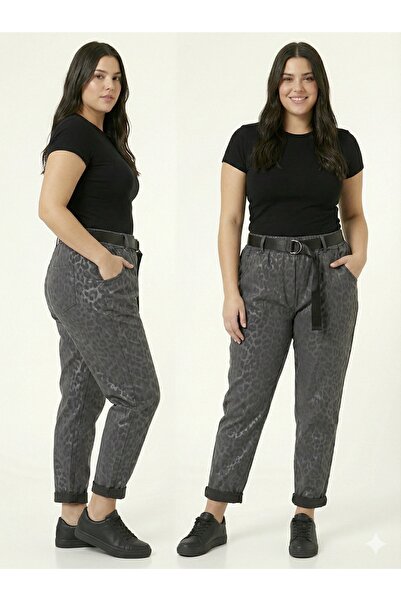 della moor Women's Italian Wide Fit Belted Leopard Print Matte Faux Leather Trousers