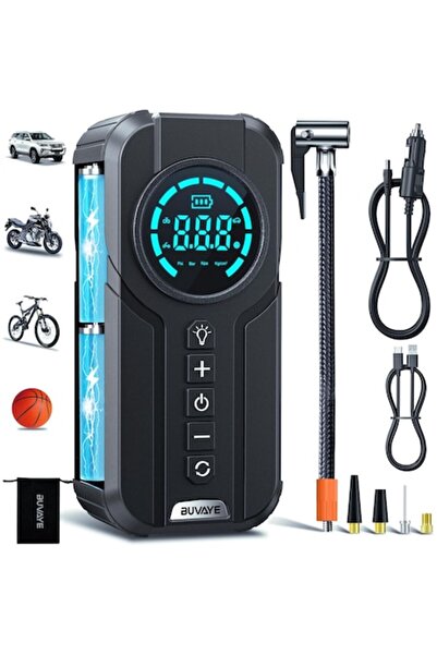 BUVAYE Pompă de aer pentru mașină electrică 10 bari, afișaj LED, 6000 mAh, baterie externă, lanternă, 4 moduri